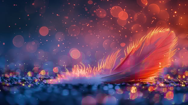 A single, red feather lies on a bed of sparkling glitter, illuminated by warm, glowing bokeh lights. photo