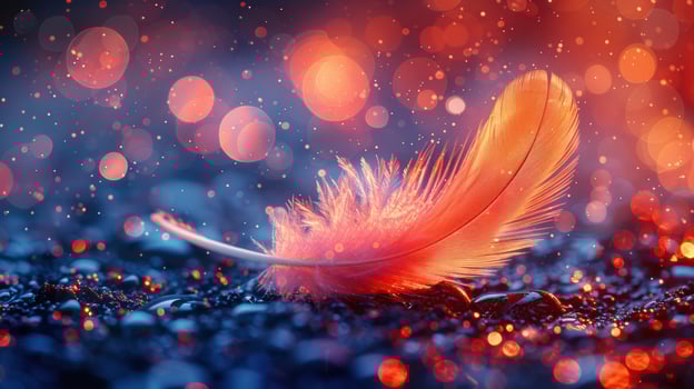 A single orange feather lies on a dark surface with sparkling bokeh lights. photo