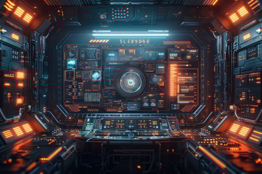Futuristic spaceship interior with glowing control panel and digital displays. photo