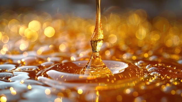 A golden stream of honey drips into a pool of liquid, creating a mesmerizing ripple effect with a blurred background of sparkling lights. photo