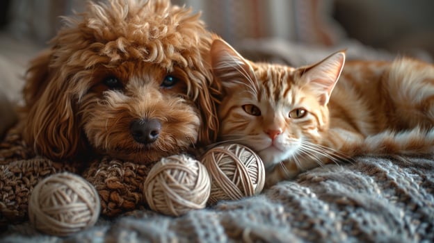 A brown poodle dog and an orange tabby cat are lying side by side on a fuzzy blanket with balls of yarn in front of them. photo
