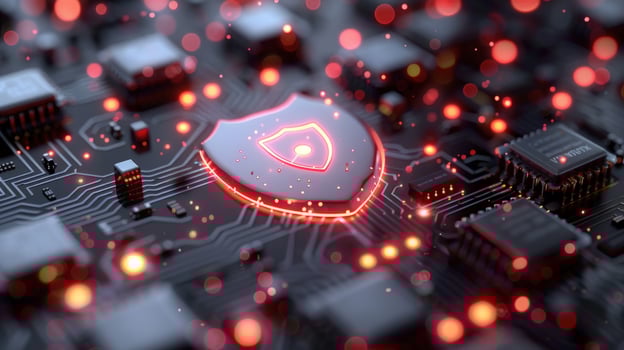A glowing security shield icon on a circuit board with red lights. photo