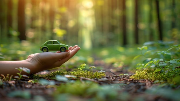 A small green toy car rests in the palm of a hand, with a forest background. photo