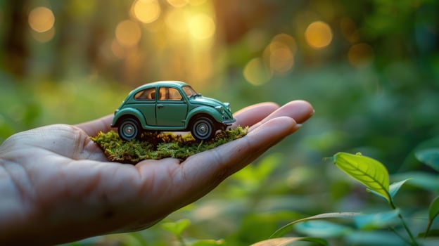 Small toy car on a hand with moss and leaves in a forest setting. photo