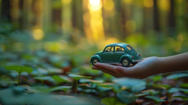 A small green toy car held in a hand in a forest setting, with the sun shining through the trees. photo