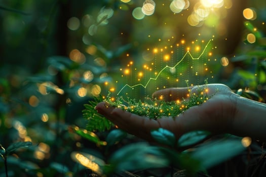 Hand holding a glowing green graph symbolizing growth and sustainability in a lush forest. photo