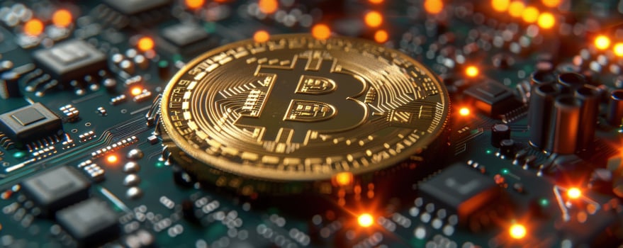 Closeup of a gold Bitcoin coin on a circuit board. photo
