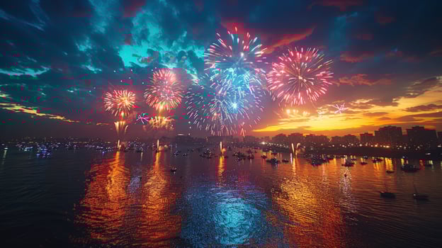 Colorful fireworks explode over a calm water with boats and a cityscape in the background. photo