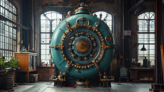 A large, tealcolored, industrial machine with brass accents stands in a brick building with large windows. photo