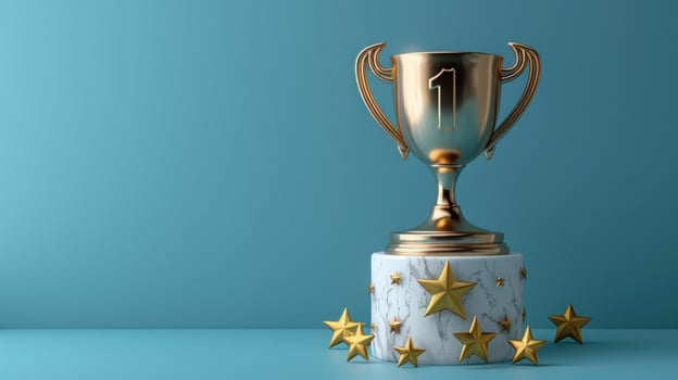 Gold trophy with number one on a marble base with golden stars on a blue background. photo