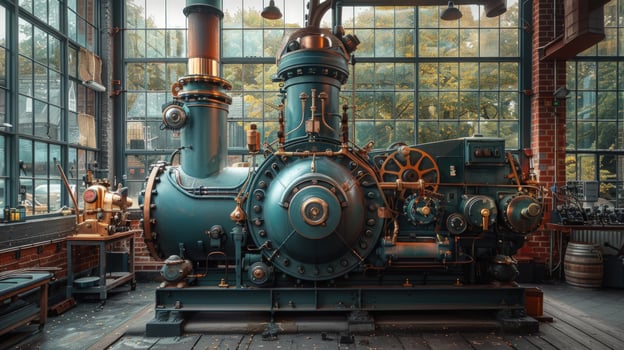 Vintage industrial machinery, a large, tealcolored engine with copper accents, stands in a brickwalled room with large windows. photo