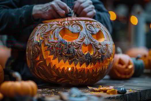 Closeup of a person carving a jackolantern with a lit candle inside. photo