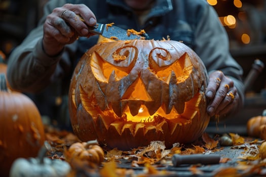 Closeup of a man carving a jacko'lantern with a knife, with a candle inside. photo