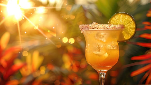A refreshing summer cocktail with a lime wedge and ice in a tall glass, served on a wooden table with a blurred background of tropical greenery and sunlight. photo