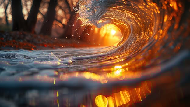 A wave crashing on the shore at sunset with the sun shining through the water. photo