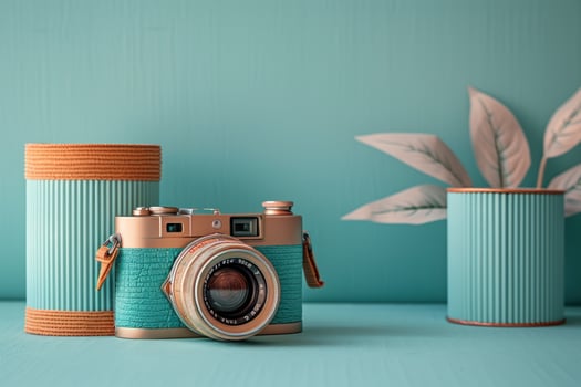 Vintage camera with teal and gold accents on a blue table with potted plants. photo