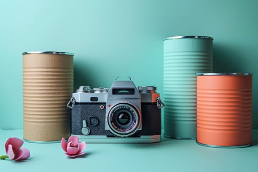 A vintage camera sits in front of three colorful cans against a mint green background, with two pink flowers in the foreground. photo