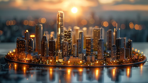 A miniature cityscape with skyscrapers at sunset with blurred background. photo