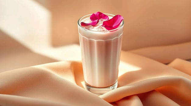 A glass of milk with a pink rose on top photo