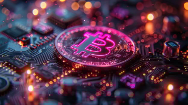 A closeup view of a bitcoin coin on a circuit board. photo