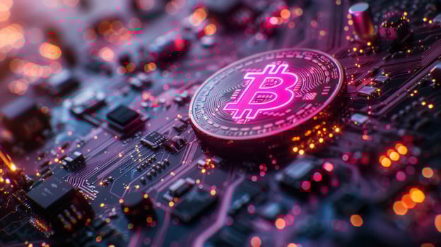 A glowing Bitcoin coin sits on a circuit board, representing the cryptocurrency's role in the digital economy. photo