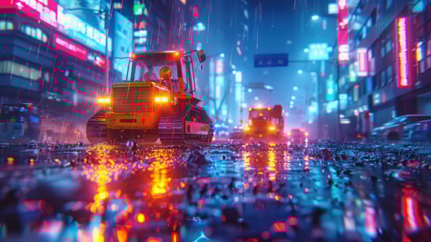 Two bulldozers driving on a wet city street at night with neon signs and rain. photo