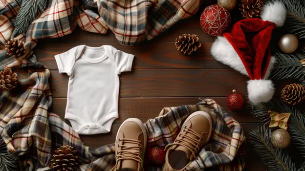 Baby's first Christmas outfit with a white bodysuit, brown shoes, plaid fabric, pine branches, pine cones, ornaments, and a Santa hat on a wood background. photo