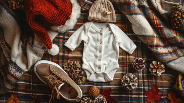 White baby onesie, brown shoes, red hat, and beige hat on a plaid blanket with pinecones and autumn leaves. photo