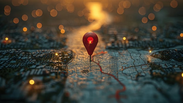 Red pin on a map with a glowing city skyline in the background. photo
