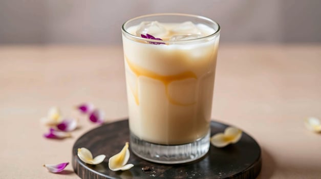 A glass of white drink with a flower on top photo