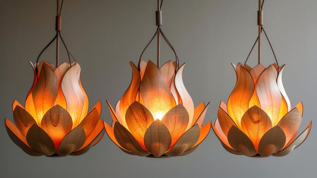 Three wooden lotus flower pendant lights with warm yellow light. photo