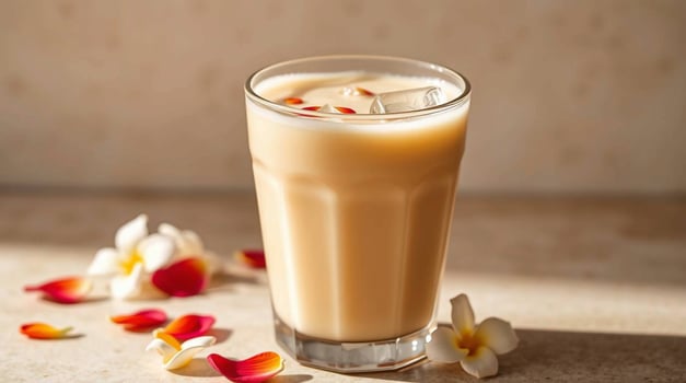 Refreshing Creamy Peach Smoothie in Glass with Plumeria Flowers CloseUp Beverages photo
