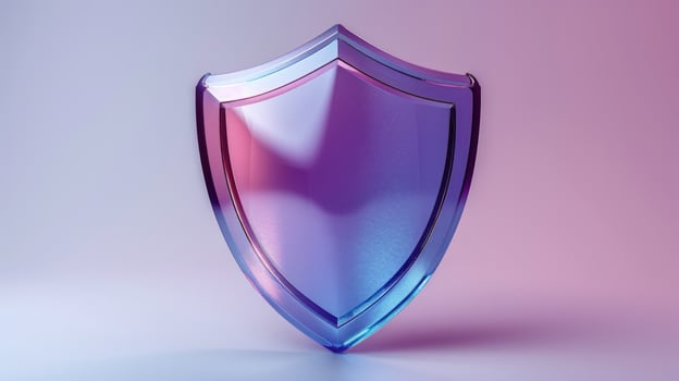 A 3D rendered glass shield icon with holographic blue and pink colors against a gradient pink and purple background. photo