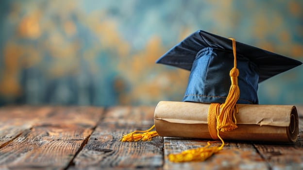 A graduation cap and diploma on a wooden table, symbolizing the achievement of education. photo