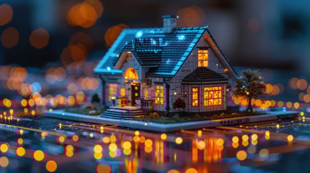 Miniature house with warm lights glowing at night, surrounded by a blurred background of twinkling lights. photo