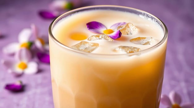 A glass of milk with ice and flowers photo