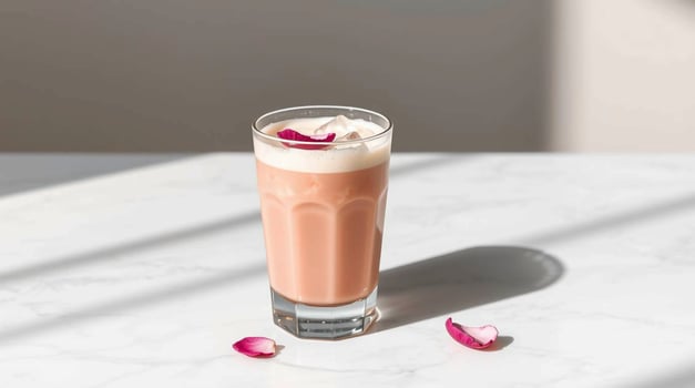 Refreshing Rose Latte Iced Beverage in Glass with Petals Beverages photo