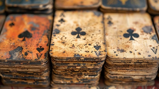 Close up of a stack of old, worn, and weathered playing cards with the Ace of Spades, Ace of Clubs, and Ace of Diamonds visible. photo