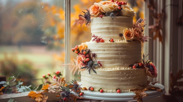 A threetiered wedding cake decorated with autumnal flowers and berries, placed on a white cake stand, with a blurred background of a window looking out onto fall foliage. photo