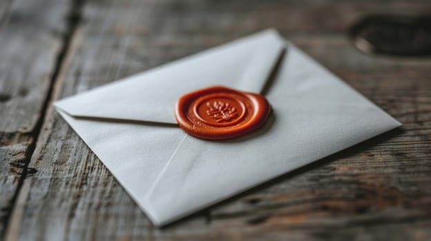 A white envelope with a red wax seal on a wooden surface. photo