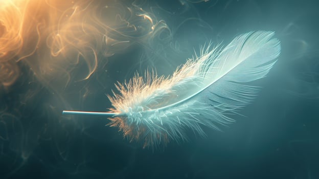 A single white feather floats in a soft, ethereal glow of light and smoke. photo
