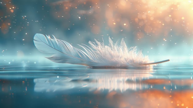 A single white feather floats on a calm body of water, reflecting the warm glow of the setting sun. photo