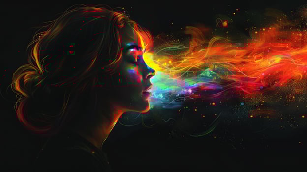 A woman's profile with a colorful, swirling, nebulalike substance coming from her mouth. photo