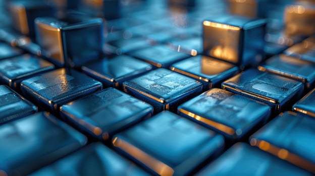 Abstract blue metallic cubes arranged in a grid pattern, with some cubes raised slightly, creating a 3D effect. photo