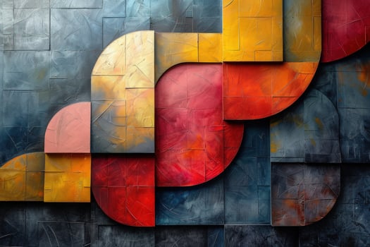 Abstract geometric pattern with curved shapes in shades of blue, red, yellow and pink against a textured gray background. photo