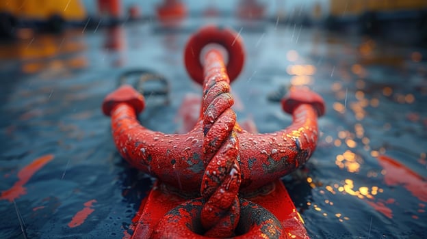 A closeup of a red anchor with rope in the water, with raindrops falling. photo