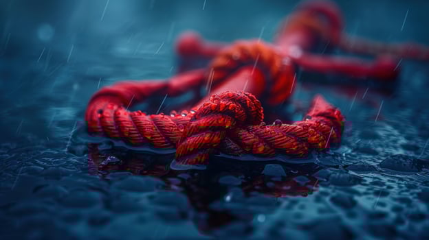 A red anchor rope lies on a wet surface with rain drops falling. photo