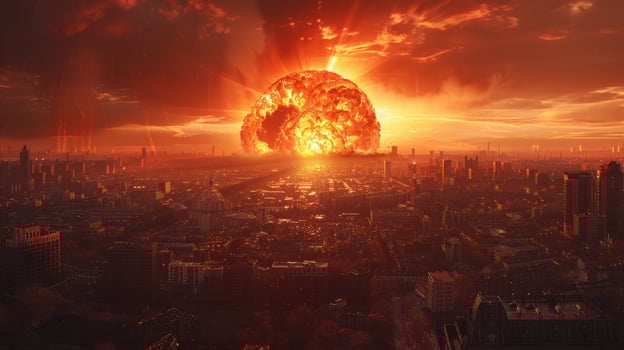 A fiery explosion in the sky over a city skyline. photo