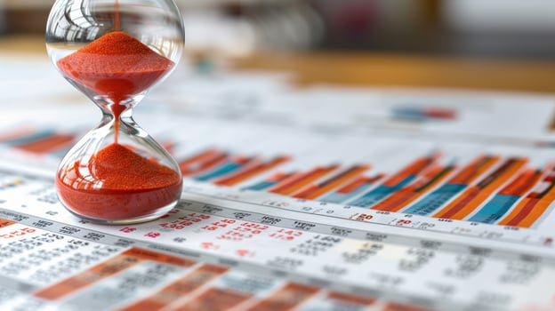 An hourglass sits on a desk with charts and graphs, symbolizing the passage of time and deadlines. photo