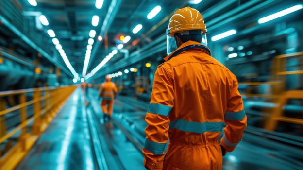 Industrial worker in safety gear walks through a modern factory. photo